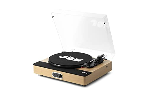 Jam Sound Stream+ Turntable, Built-in Stereo Speakers, Bluetooth Connectivity, 3 Speeds, AC Adaptor, RCA to AUX Cable, Record Adaptor and Slip Mat Included, Sleek Wood Finish