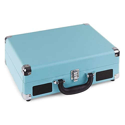Fenton Portable Bluetooth Suitcase LP Record Player with Built in Speakers - BLUE Briefcase Turntable - Convert vinyl to MP3-3 Speed