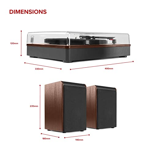 Audizio RP330 Bluetooth Vinyl Record Player Stereo Speaker System, 3-Speed Turntable, Dust Cover, Modern Dark Wooden Housing