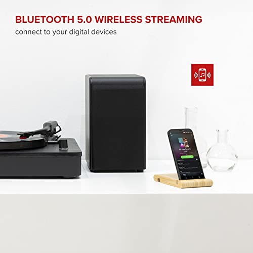 Audizio RP330 Bluetooth Vinyl Record Player Stereo Speaker System, 3-Speed Turntable, Dust Cover, Modern Black Wooden Housing