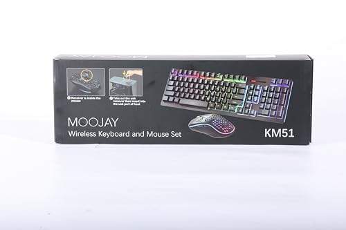 MOOJAY Wireless PC Gaming Keyboard and Mouse RGB Backlit, Rechargeable 2.4G Light Up Cordless Keyboard with Ergonomic Wireless Wired Dual Mode Mice, for PC/Laptop/Windows/Mac - Black