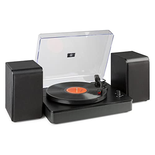 Audizio RP330 Bluetooth Vinyl Record Player Stereo Speaker System, 3-Speed Turntable, Dust Cover, Modern Black Wooden Housing