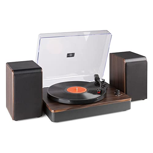 Audizio RP330 Bluetooth Vinyl Record Player Stereo Speaker System, 3-Speed Turntable, Dust Cover, Modern Dark Wooden Housing