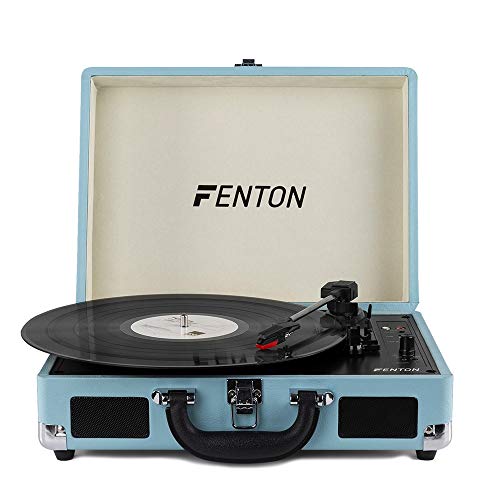 Fenton Portable Bluetooth Suitcase LP Record Player with Built in Speakers - BLUE Briefcase Turntable - Convert vinyl to MP3-3 Speed