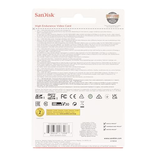 SanDisk HIGH ENDURANCE Video Monitoring for Dashcams & Home Monitoring 32 GB microSDHC Memory Card + SD Adaptor, Up to 100 MB/s read and 40 MB/s Write, Class 10, U3, V30, White