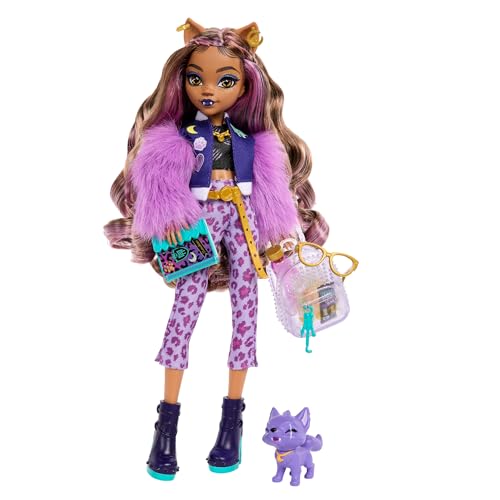 Monster High Clawdeen Wolf Doll with Pet Dog Crescent and Accessories like Backpack, Planner, Snacks and More, HRP65