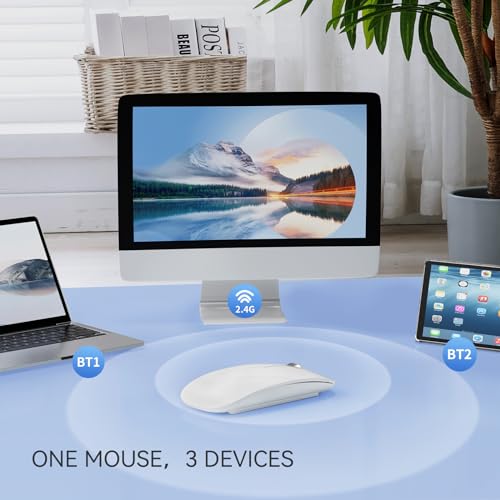 Uiosmuph Bluetooth Mouse, Rechargeable Wireless Mouse, Triple Mode (Dual Bluetooth+USB) Computer Silent Mice Portable with USB Receiver Type-C Adapter for Laptop/MacBook/iPad/PC (White)