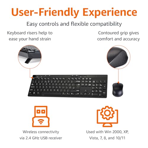 Amazon Basics Full-Sized Wireless Keyboard and Mouse Combo, 2.4 GHz USB Receiver, UK Layout, Black