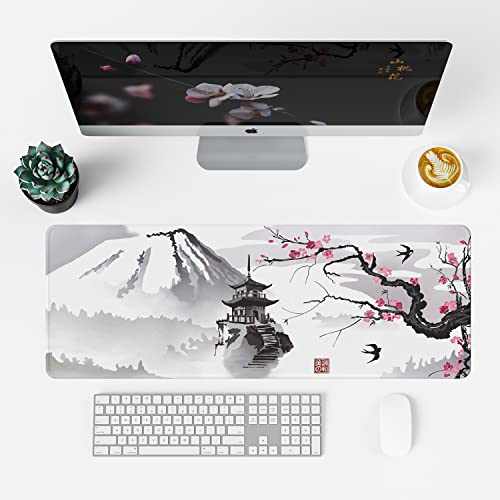 EFISH Japanese Cherry Blossom Mouse Pad (31.5 × 11.8 × 0.12 inch) Extended Large Mouse Mat Desk Pad, Stitched Edges Mousepad,Non-Slip Rubber Base,Keyboard Pad,Gaming Mouse Pad XL