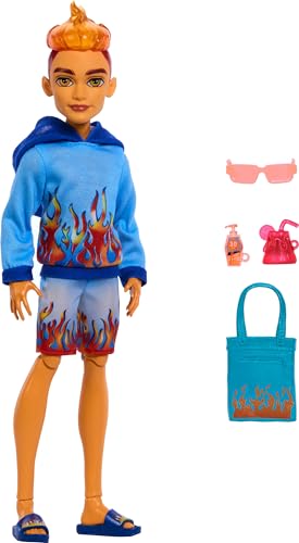 Monster High Scare-adise Island Heath Burns Doll with Flame Hoodie, Swim Trunks and Beach Accessories Like Sunglasses