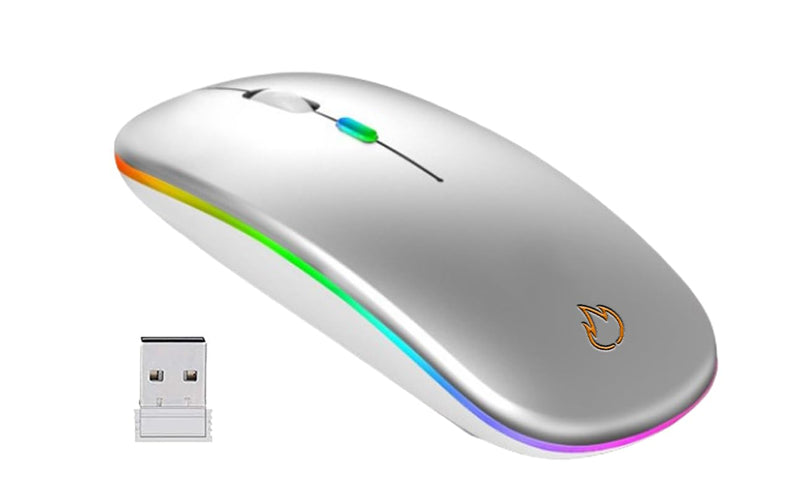 Wireless mouse Slim Silent Bluetooth Mouse+USB Receiver Mice wireless mouse rgb Backlit Cordless Mice, Rechargeale and Noiseless3 DPI Adjustable for Laptop/Mac/PC/Windows/Computer (Silver White Mix)