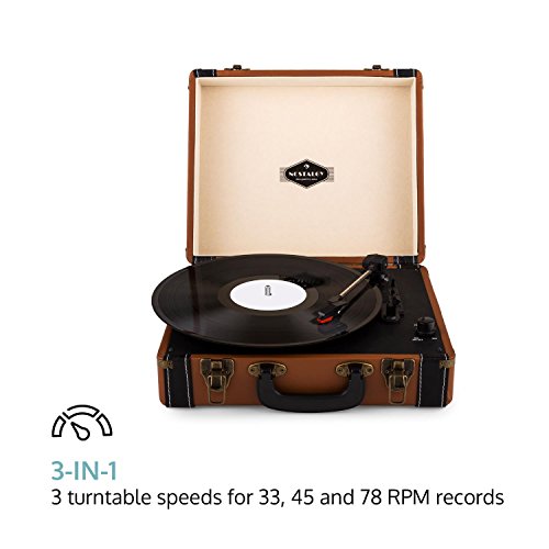 auna Jerry Lee - Record player, Vinyl Player, Turntable with Belt Drive, Stereo Speakers, USB Port, 3 Speeds, 33/45/78 RPM, 3 Record Sizes, Retro Design, Carrying Handle, Brown