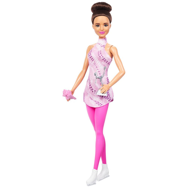 Barbie Careers Fashion Doll & Accessories, Brunette in Removable Pink Skate Outfit with Ice Skates & Trophy, HRG37