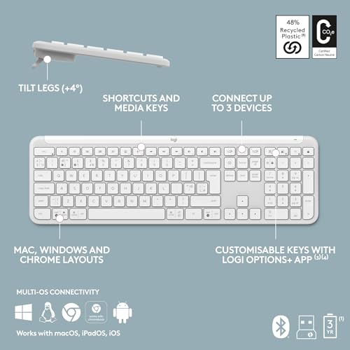 Logitech Signature Slim K950 Wireless Keyboard, Sleek Design, Switch Typing Between Devices, Quiet Typing, Bluetooth, Multi-OS, Windows, Mac, Chrome, QWERTY UK Layout, White