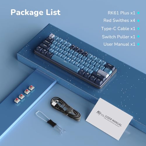 RK ROYAL KLUDGE RK61 Plus Mechanical Keyboard, 60% RGB Gaming Keyboard US Layout with USB Hub, Bluetooth/2.4Ghz/Wired RGB Hot Swappable PC Keyboard for Win/Mac/Android, Red Switch, Blue