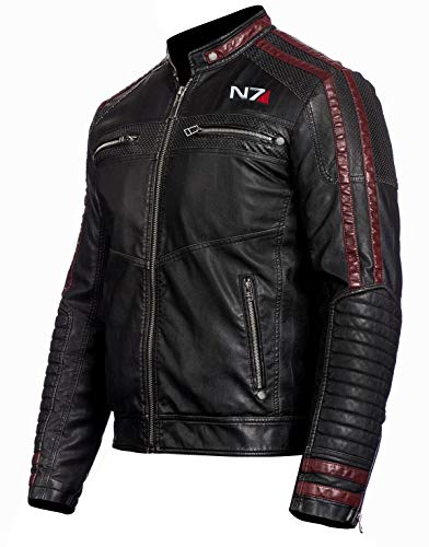 Fashion_First Men's Mass Effect Merchandise N7 Jacket Faux Leather Motorcycle Jacket Commander Street Fighter Jacket, Black, S