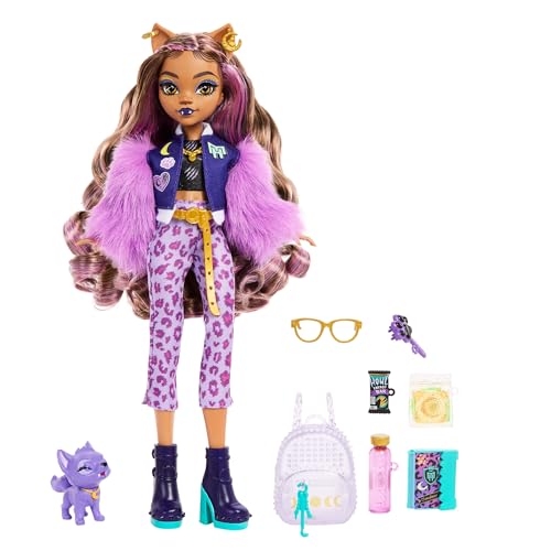 Monster High Clawdeen Wolf Doll with Pet Dog Crescent and Accessories like Backpack, Planner, Snacks and More, HRP65