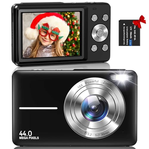 Digital Camera, Nsoela Vlogging Camera Rechargeable Digital Cameras FHD 1080P 44MP Compact Camera with 16X Digital Zoom, Portable Mini Camera with 1 Battery for Teens,Kids,Beginners（Black）