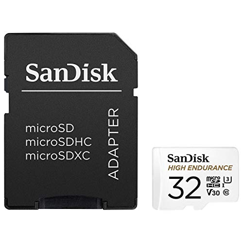 SanDisk HIGH ENDURANCE Video Monitoring for Dashcams & Home Monitoring 32 GB microSDHC Memory Card + SD Adaptor, Up to 100 MB/s read and 40 MB/s Write, Class 10, U3, V30, White