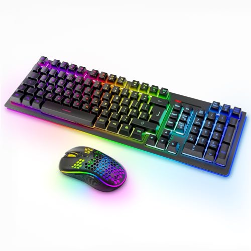 MOOJAY Wireless PC Gaming Keyboard and Mouse RGB Backlit, Rechargeable 2.4G Light Up Cordless Keyboard with Ergonomic Wireless Wired Dual Mode Mice, for PC/Laptop/Windows/Mac - Black