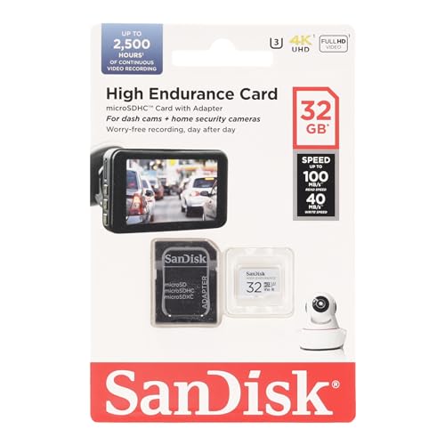 SanDisk HIGH ENDURANCE Video Monitoring for Dashcams & Home Monitoring 32 GB microSDHC Memory Card + SD Adaptor, Up to 100 MB/s read and 40 MB/s Write, Class 10, U3, V30, White