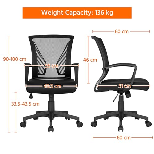 Yaheetech Adjustable Office Chair Ergonomic Mesh Swivel Computer Comfy Desk/Executive Work Chair with Arms and Height Adjustable for Students Study Black