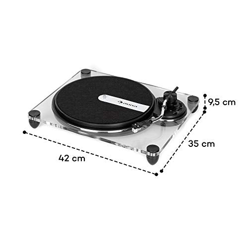 auna Pureness - Record Player, Vinyl Turntable, Chassis Made of Acrylic Glass, Belt Drive, USB, MC Magnetic Pickup System, Auto-Stop, Pitch Control: Speed Control, 33 1/3 and 45 rpm, Transparent