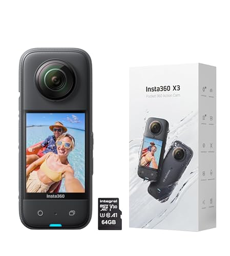 Insta360 X3 Waterproof Action Camera - 5.7K 360, 72MP Photos, Stabilization, Touch Screen, AI Editing, Streaming, Webcam, Voice Control, 64GB Card