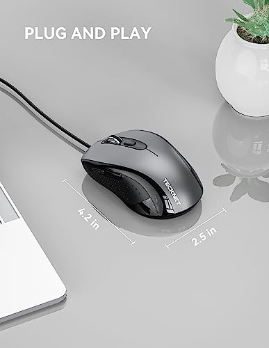 TECKNET Wired Mouse, Mice Wired Optical USB Computer Mouse With 3600 DPI Tracking, Gaming Grade Sensor, 6 Buttons, Business Office Mouse PC/Laptop, Great Mouse for Graphic Design (Grey, Medium)