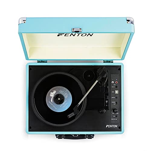 Fenton Portable Bluetooth Suitcase LP Record Player with Built in Speakers - BLUE Briefcase Turntable - Convert vinyl to MP3-3 Speed