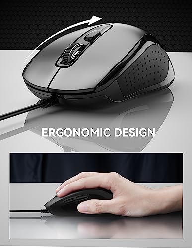 TECKNET Wired Mouse, Mice Wired Optical USB Computer Mouse With 3600 DPI Tracking, Gaming Grade Sensor, 6 Buttons, Business Office Mouse PC/Laptop, Great Mouse for Graphic Design (Grey, Medium)