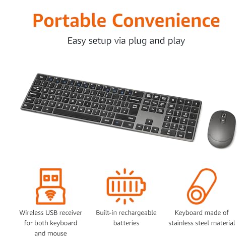 Amazon Basics Rechargeable Wireless Keyboard Mouse - Ultra Slim, Quiet Full Size Keyboard with Number Pad, Black