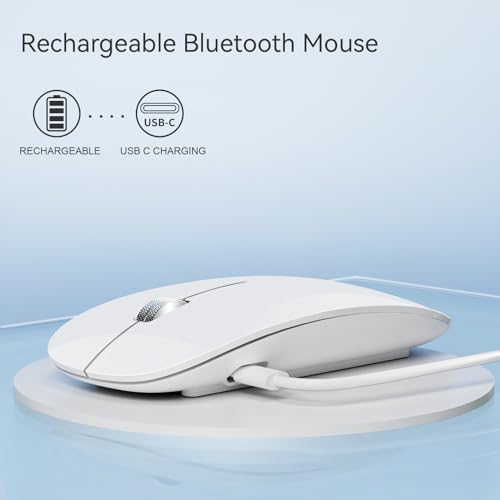 Uiosmuph Bluetooth Mouse, Rechargeable Wireless Mouse, Triple Mode (Dual Bluetooth+USB) Computer Silent Mice Portable with USB Receiver Type-C Adapter for Laptop/MacBook/iPad/PC (White)