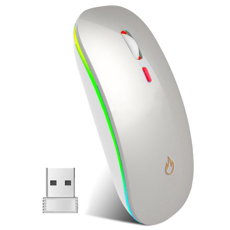 Wireless mouse Slim Silent Bluetooth Mouse+USB Receiver Mice wireless mouse rgb Backlit Cordless Mice, Rechargeale and Noiseless3 DPI Adjustable for Laptop/Mac/PC/Windows/Computer (Silver White Mix)