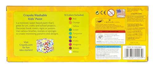 CRAYOLA Washable Paints - Assorted Colours (Pack of 10) | Perfect for Any Arts & Crafts Needs - Easily Washable | Ideal for Kids Aged 3+ (Packaging may vary)