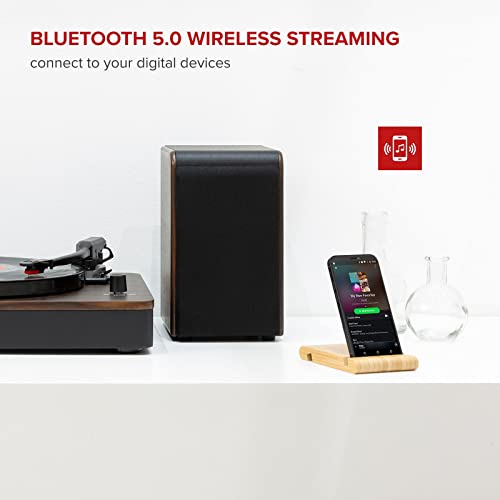 Audizio RP330 Bluetooth Vinyl Record Player Stereo Speaker System, 3-Speed Turntable, Dust Cover, Modern Dark Wooden Housing