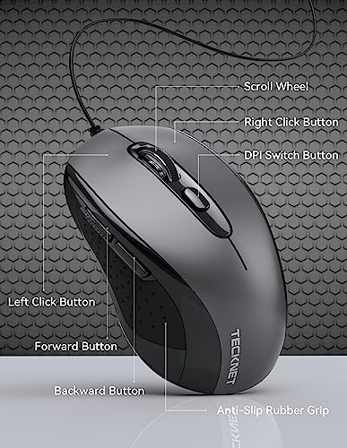 TECKNET Wired Mouse, Mice Wired Optical USB Computer Mouse With 3600 DPI Tracking, Gaming Grade Sensor, 6 Buttons, Business Office Mouse PC/Laptop, Great Mouse for Graphic Design (Grey, Medium)