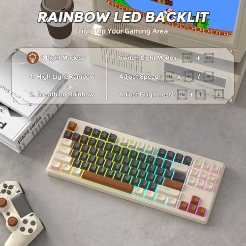 MAMBASNAKE M87 TKL 87 Keys-Dual Mode Wireless Gaming Keyboard, Bluetooth/2.4Ghz, PBT Ball Keycap, 4000mAh Rechargeable Battery, Mixed Color Rainbow Backlit Keyboard with Mechanical Feeling-Coffee