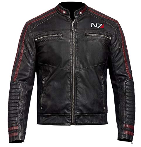 Fashion_First Men's Mass Effect Merchandise N7 Jacket Faux Leather Motorcycle Jacket Commander Street Fighter Jacket, Black, S