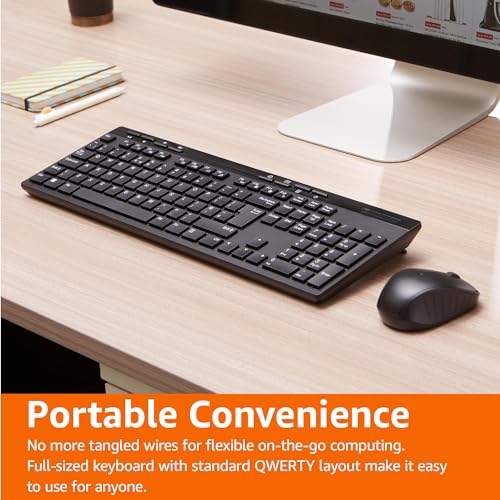 Amazon Basics Full-Sized Wireless Keyboard and Mouse Combo, 2.4 GHz USB Receiver, UK Layout, Black