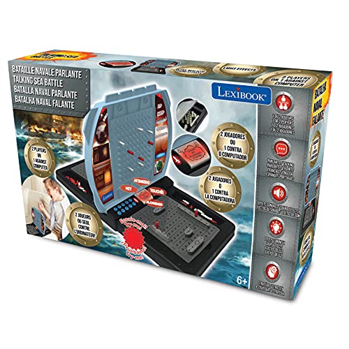 Lexibook GT2800i1 Talking Sea Battle (French, English, Spanish, Portuguese), Electronic Board Game 1 or 2 Players, Interactive, Light and Sound Effects, Strategy, battery Operated, Grey/Black, white