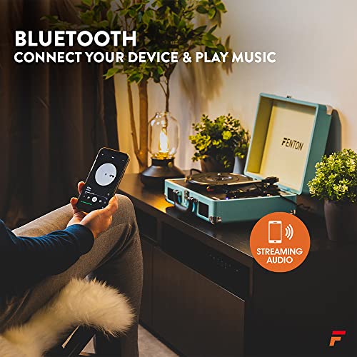 Fenton Portable Bluetooth Suitcase LP Record Player with Built in Speakers - BLUE Briefcase Turntable - Convert vinyl to MP3-3 Speed