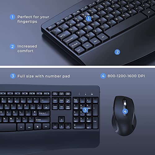 Wireless Keyboard and Mouse Set, Ergonomic USB Keyboard and Mouse Combo, Full Size Keyboard Cordless with Palm Wrist Rest, Ergonomic Mouse Wireless for Windows PC Computer Desktop, Black