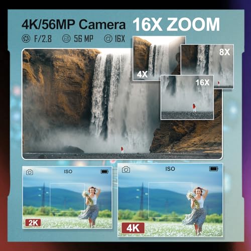 NBD Digital Cameras for Photography and Video, 4K 56MP Vlogging Camera for YouTube with 180°Flip Screen, 16X Zoom, 32GB TF Card