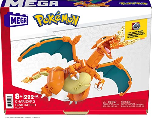 MEGA Pokémon Action Figure, Charizard Pokemon, Building Toys for Kids and Adults, Collectible Character Model with 222 Pieces and Poke Ball Pin, 10 cm Tall, Toy for Ages 8 and Up, GWY77