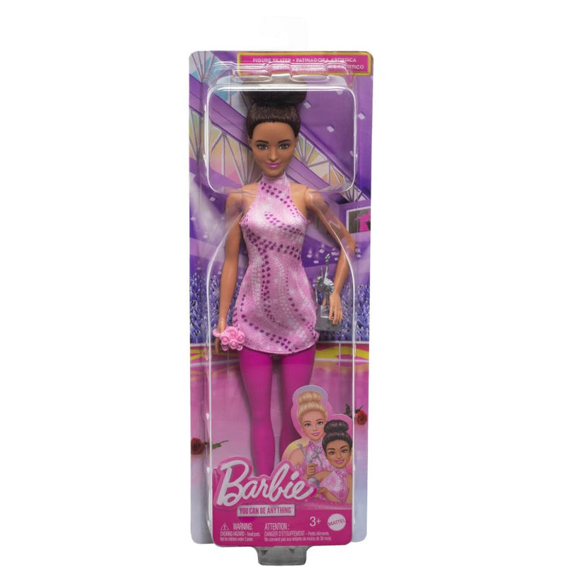 Barbie Careers Fashion Doll & Accessories, Brunette in Removable Pink Skate Outfit with Ice Skates & Trophy, HRG37