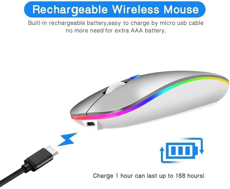 Wireless mouse Slim Silent Bluetooth Mouse+USB Receiver Mice wireless mouse rgb Backlit Cordless Mice, Rechargeale and Noiseless3 DPI Adjustable for Laptop/Mac/PC/Windows/Computer (Silver White Mix)