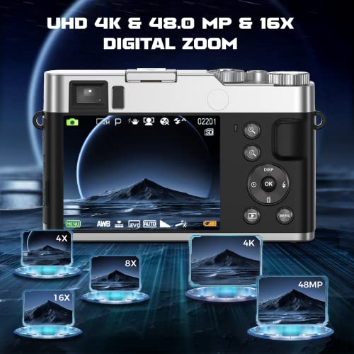 Digital Camera,Oiadek 4K 48MP Autofocus Vlogging Camera with 32G Memory Card 16X Digital Zoom,2.8 Inch Compact Digital Camera with Rotating Dashboard and Viewfinder for Teenagers Beginners Adults