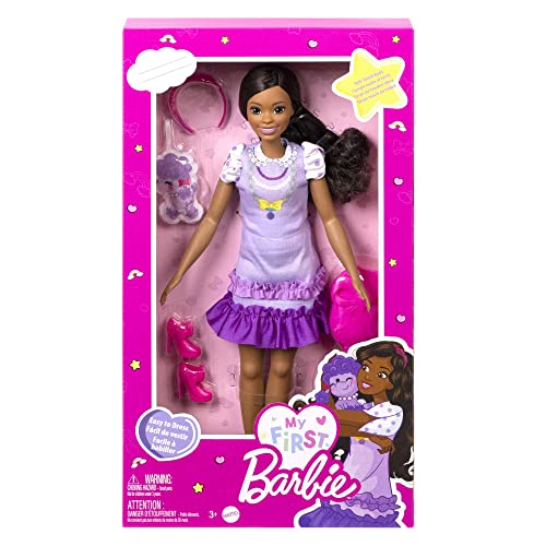 Barbie Doll for Preschoolers,My First Brooklyn” Doll, 13.5 Inch doll, Black Hair, Kids Toys and Gifts, Plush Poodle, Accessories, Soft Poseable Body, from 3 Years, HLL20