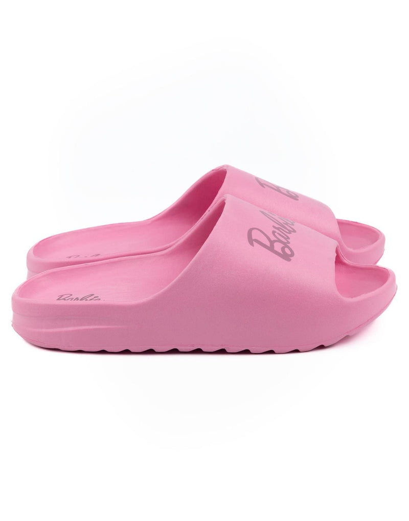 Barbie Womens Sliders | Pink Moulded Ridge Bottom Sandals For Ladies | Fashion Doll Classic Logo Beachwear & Summer Pool Shoes | Slip-on Footwear Movie Merchandise Gift for Adults